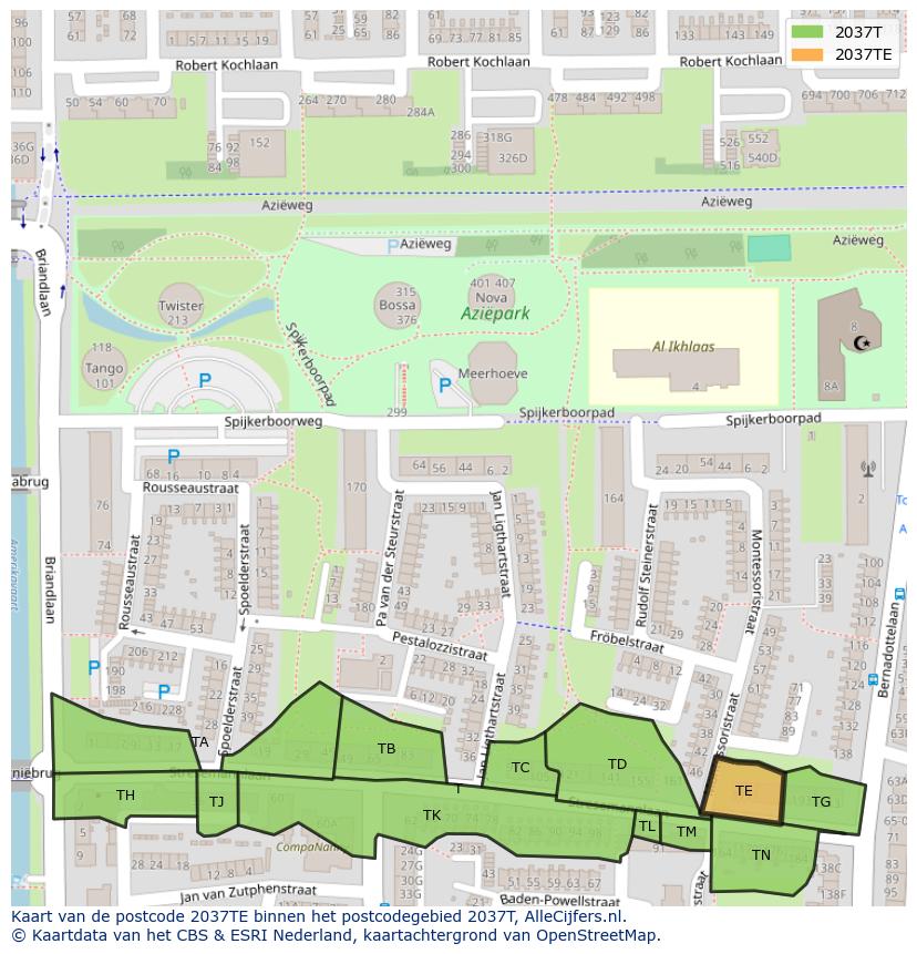 Afbeelding van het postcodegebied 2037 TE op de kaart.
