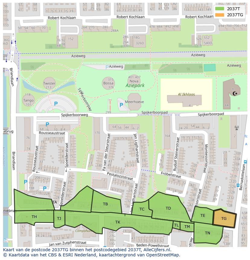 Afbeelding van het postcodegebied 2037 TG op de kaart.