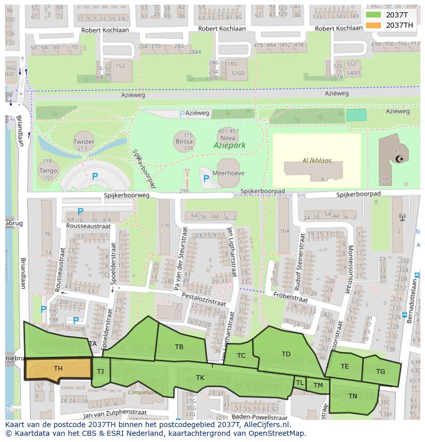 Afbeelding van het postcodegebied 2037 TH op de kaart.