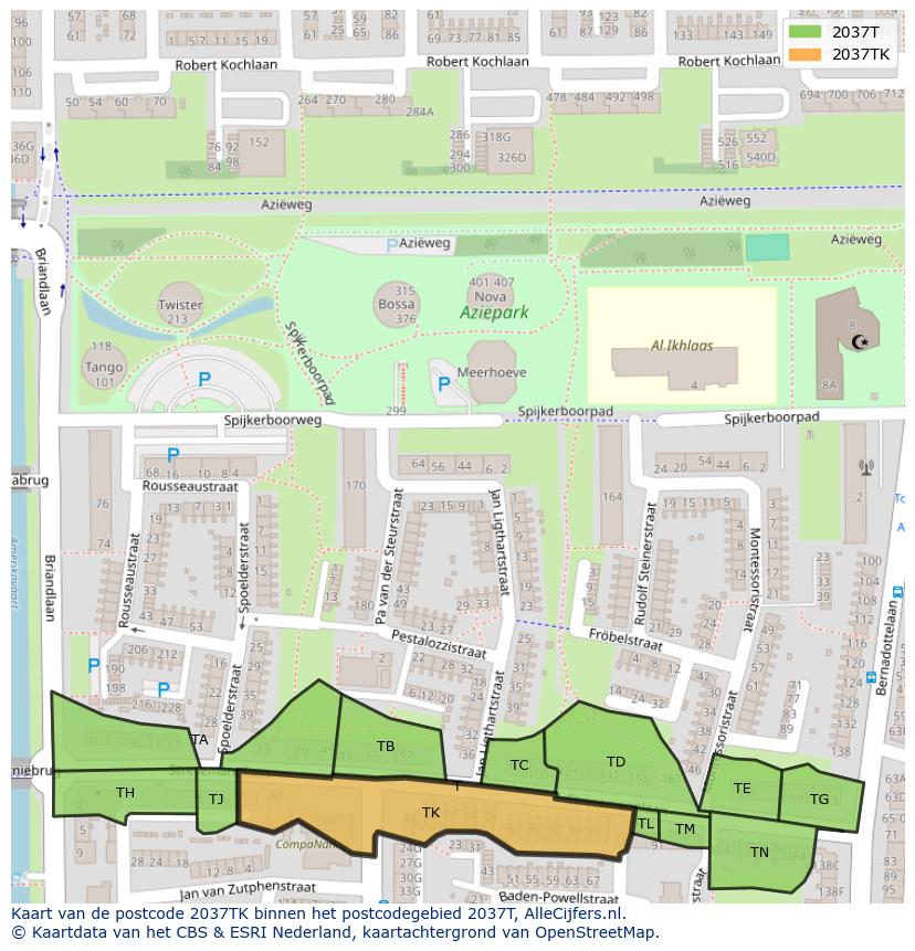 Afbeelding van het postcodegebied 2037 TK op de kaart.