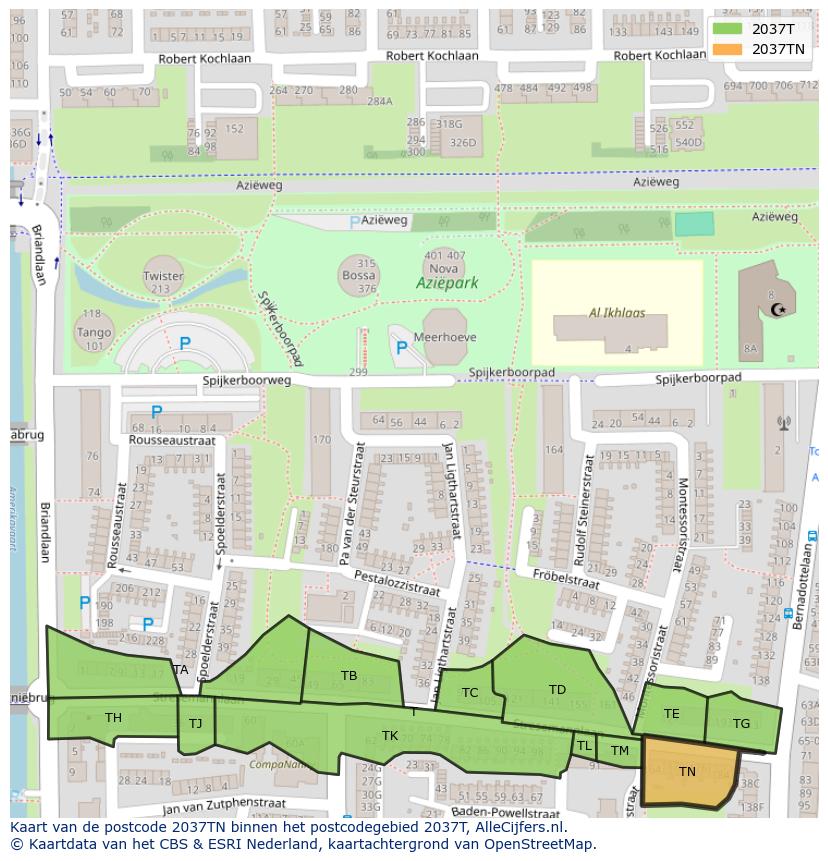Afbeelding van het postcodegebied 2037 TN op de kaart.