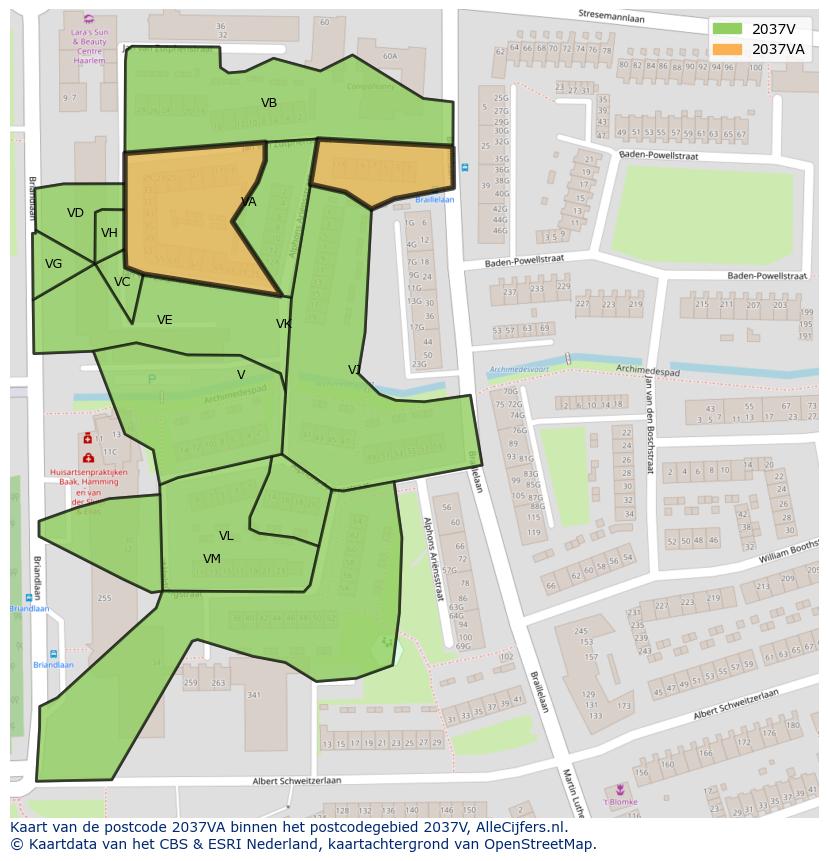 Afbeelding van het postcodegebied 2037 VA op de kaart.