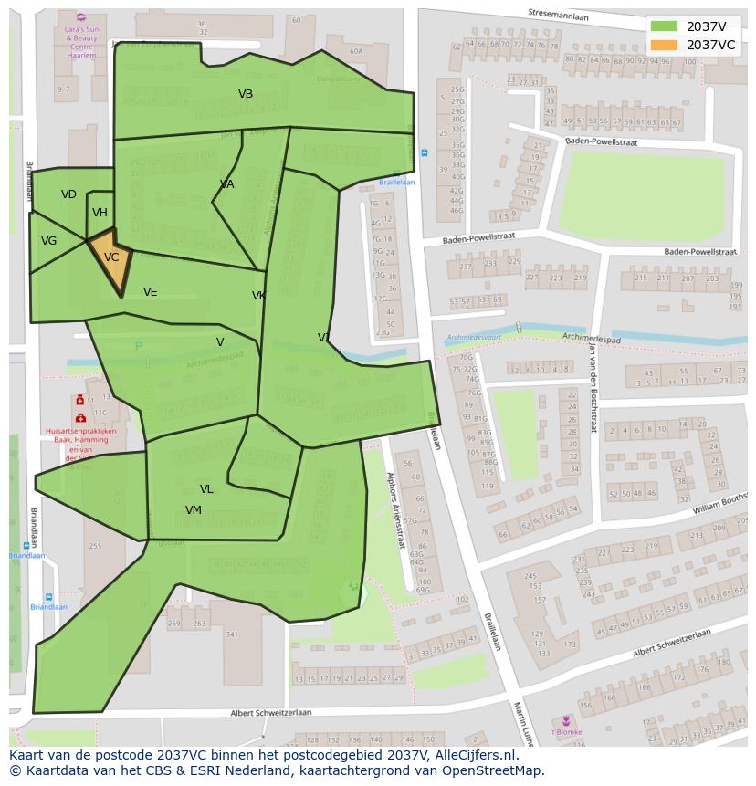 Afbeelding van het postcodegebied 2037 VC op de kaart.
