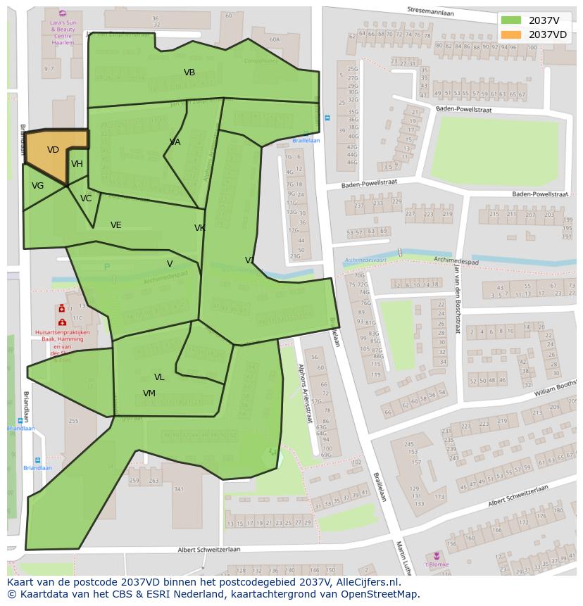 Afbeelding van het postcodegebied 2037 VD op de kaart.