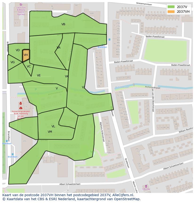 Afbeelding van het postcodegebied 2037 VH op de kaart.