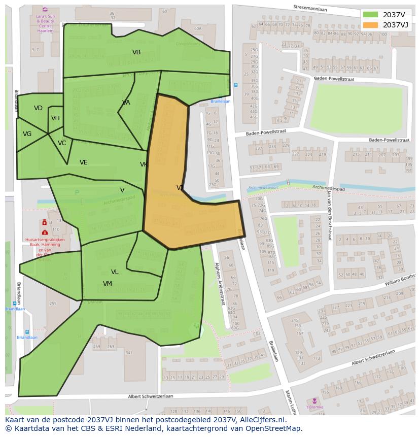 Afbeelding van het postcodegebied 2037 VJ op de kaart.