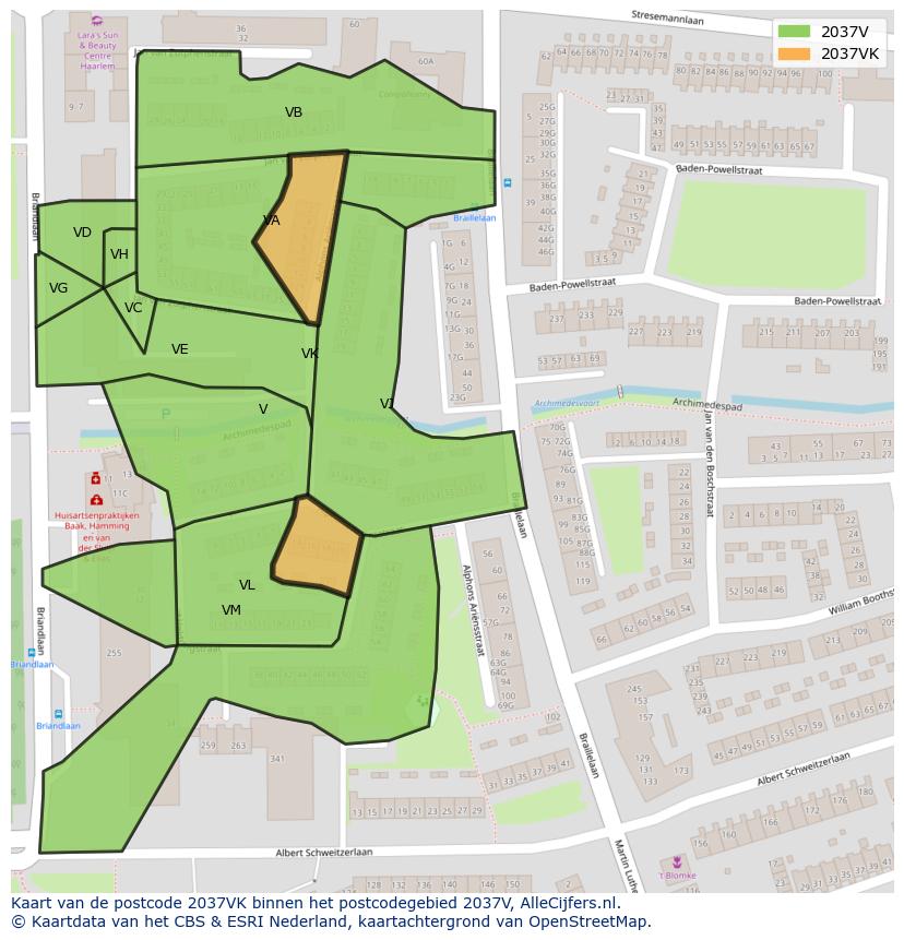 Afbeelding van het postcodegebied 2037 VK op de kaart.