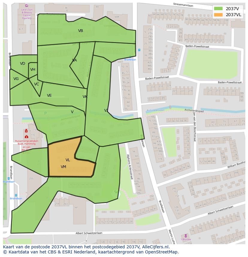 Afbeelding van het postcodegebied 2037 VL op de kaart.