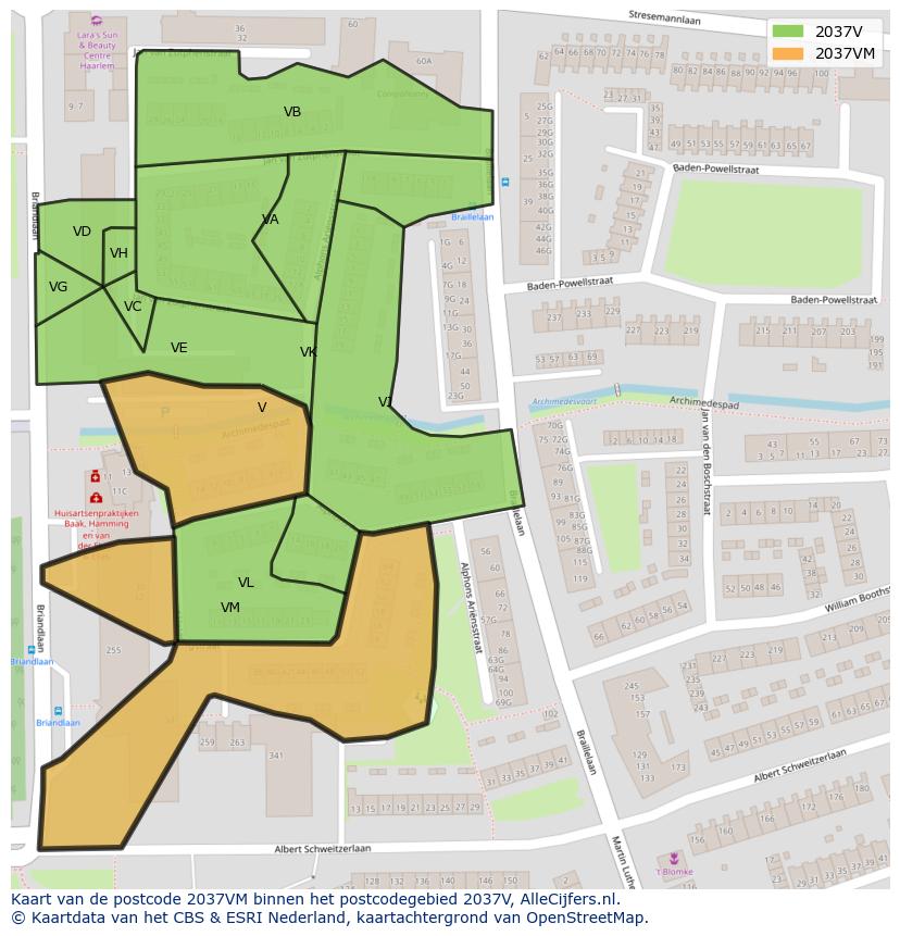 Afbeelding van het postcodegebied 2037 VM op de kaart.