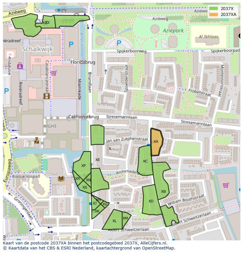 Afbeelding van het postcodegebied 2037 XA op de kaart.