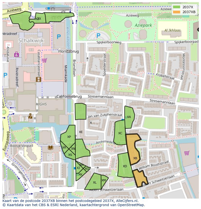 Afbeelding van het postcodegebied 2037 XB op de kaart.