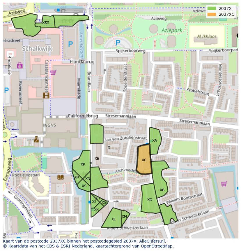 Afbeelding van het postcodegebied 2037 XC op de kaart.