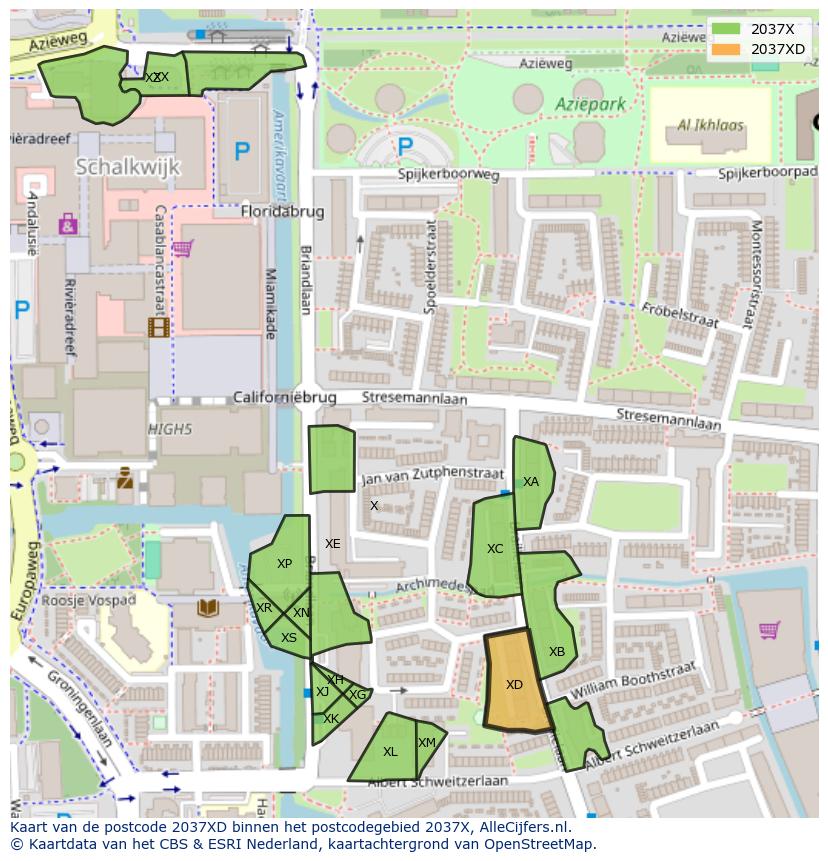 Afbeelding van het postcodegebied 2037 XD op de kaart.