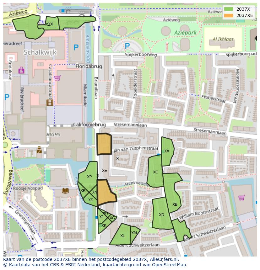Afbeelding van het postcodegebied 2037 XE op de kaart.