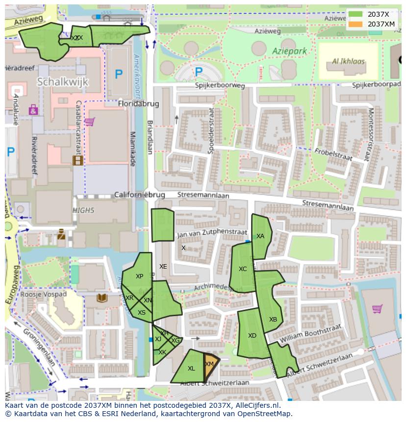 Afbeelding van het postcodegebied 2037 XM op de kaart.