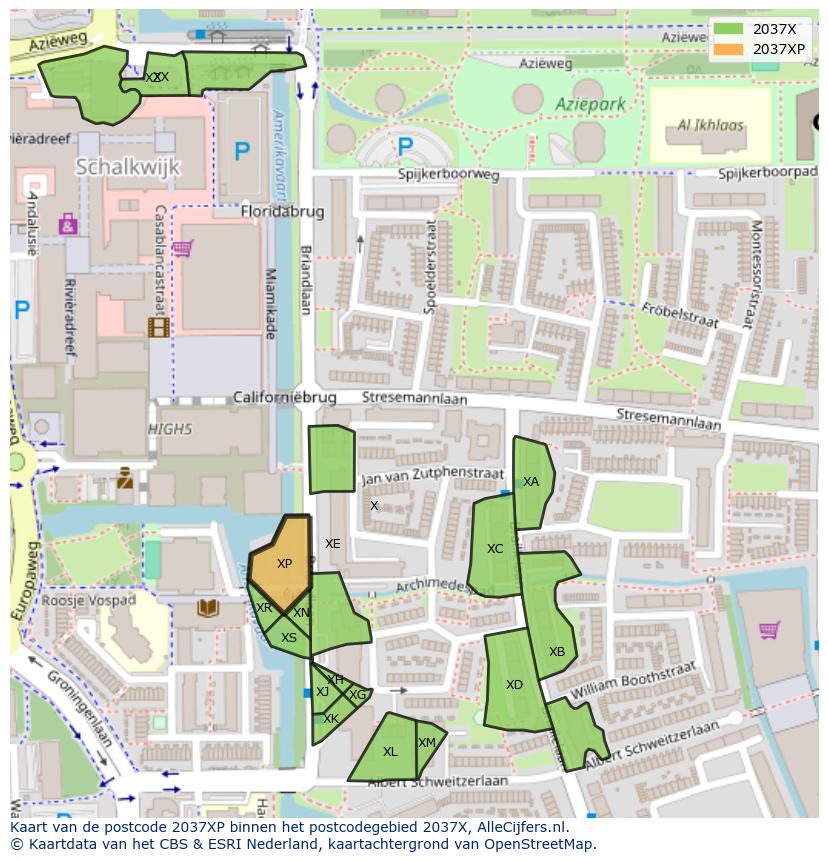Afbeelding van het postcodegebied 2037 XP op de kaart.