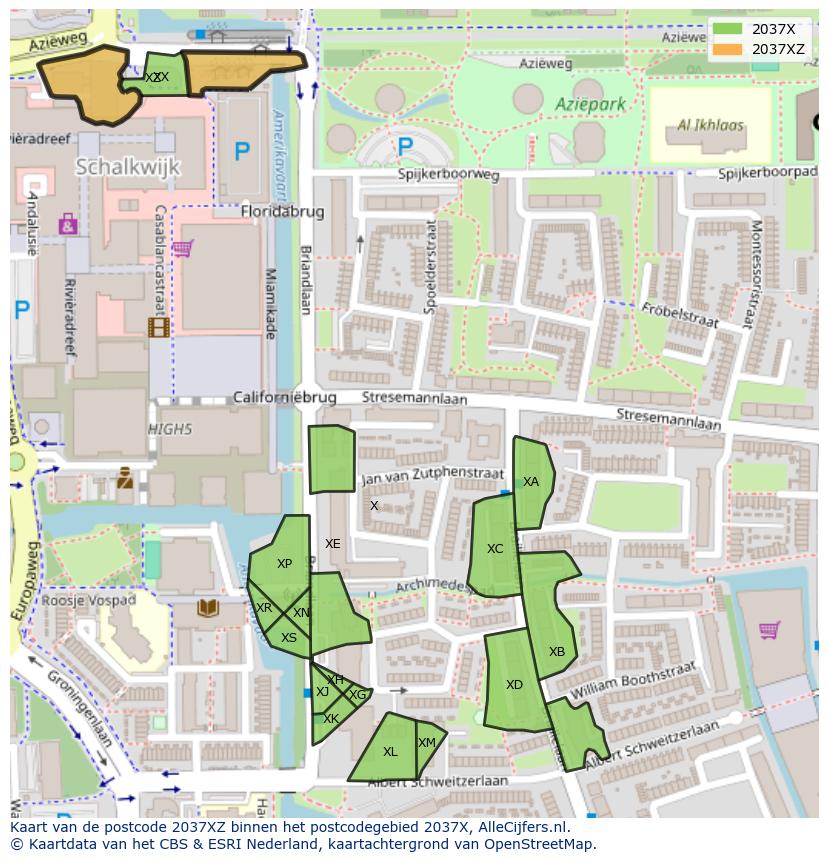 Afbeelding van het postcodegebied 2037 XZ op de kaart.