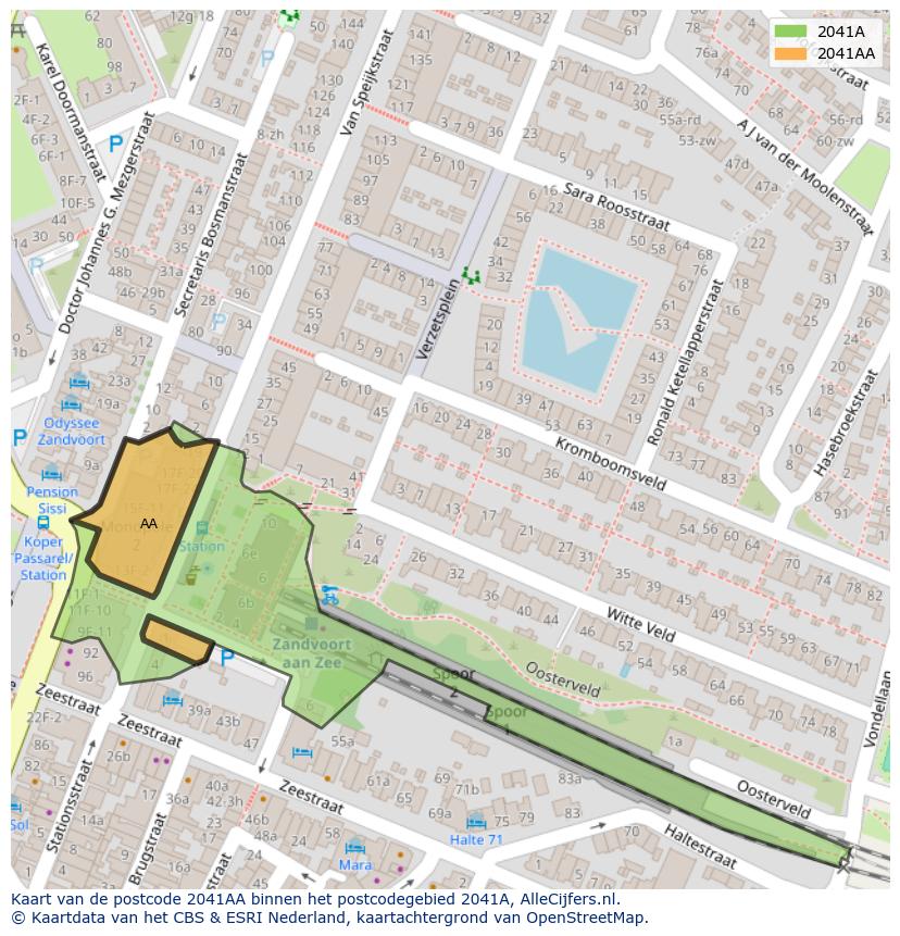 Afbeelding van het postcodegebied 2041 AA op de kaart.