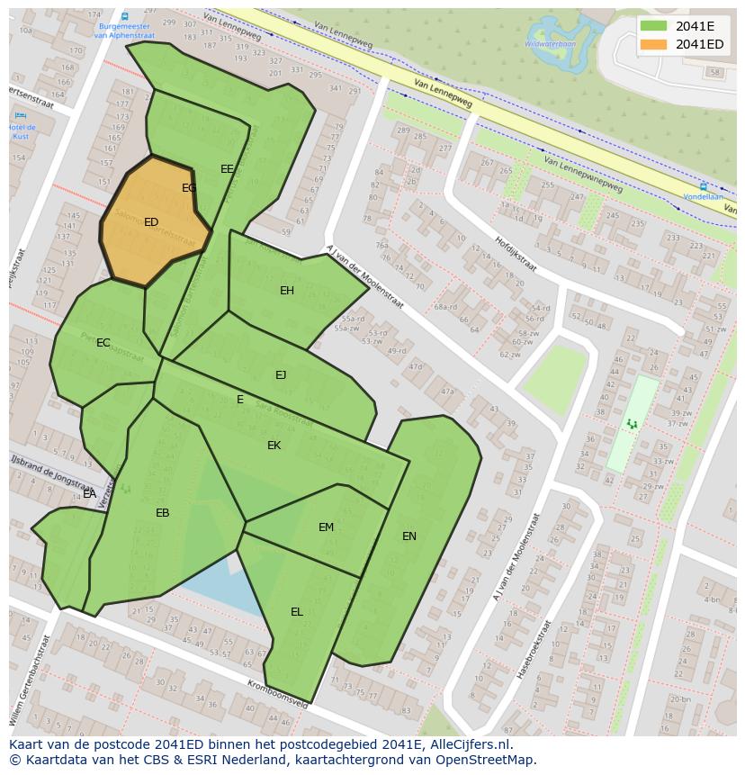 Afbeelding van het postcodegebied 2041 ED op de kaart.