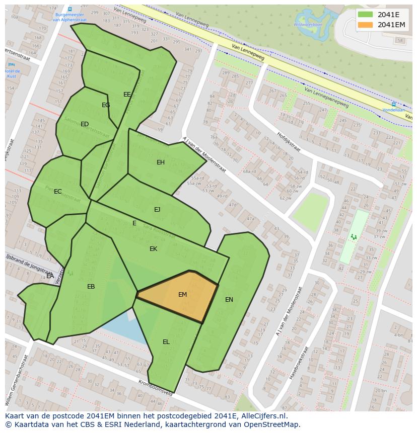 Afbeelding van het postcodegebied 2041 EM op de kaart.