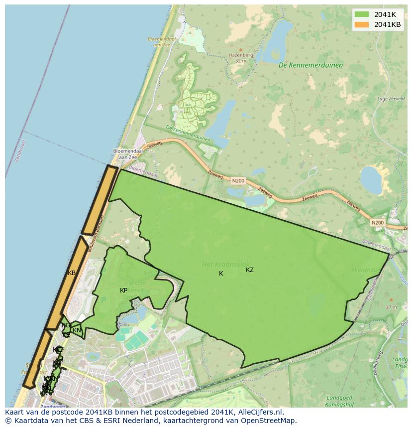 Afbeelding van het postcodegebied 2041 KB op de kaart.