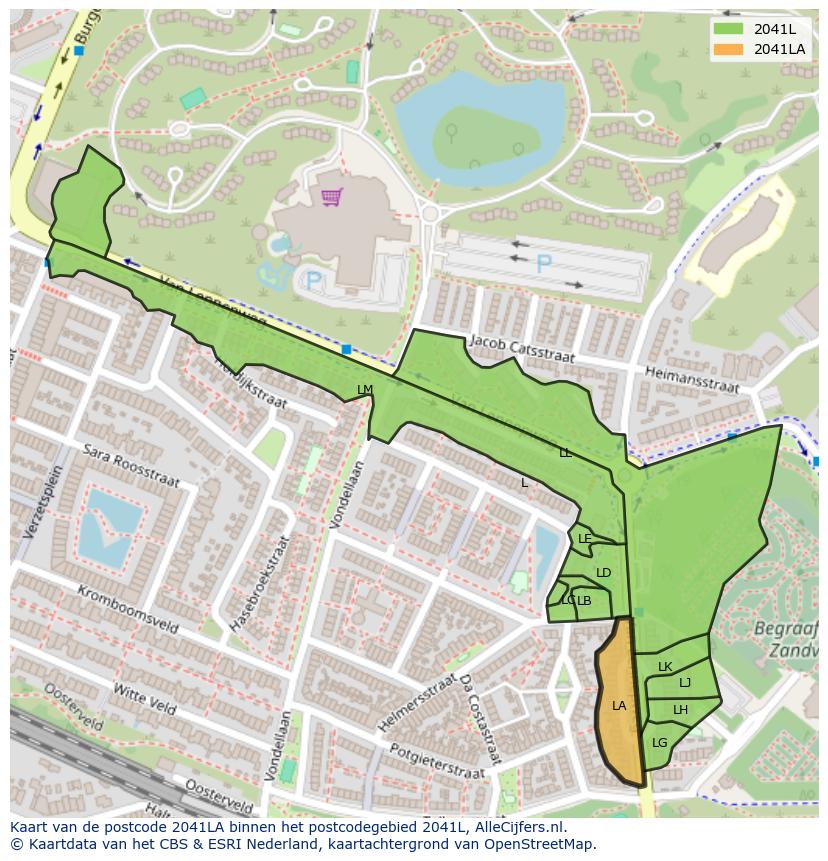 Afbeelding van het postcodegebied 2041 LA op de kaart.