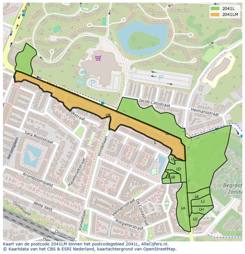 Afbeelding van het postcodegebied 2041 LM op de kaart.
