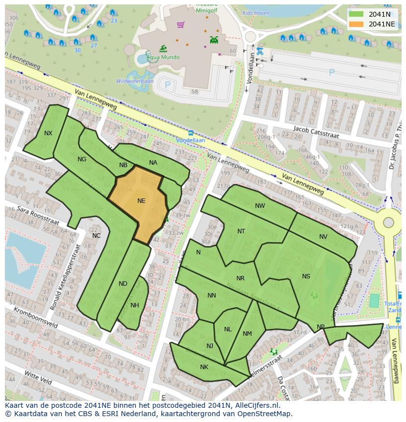Afbeelding van het postcodegebied 2041 NE op de kaart.