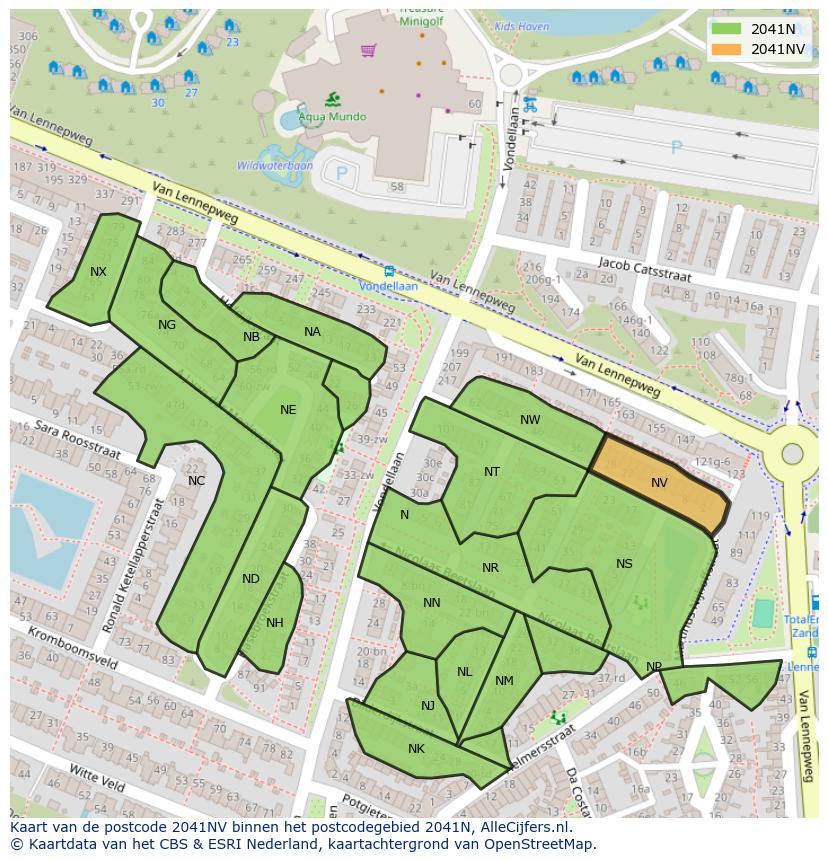 Afbeelding van het postcodegebied 2041 NV op de kaart.