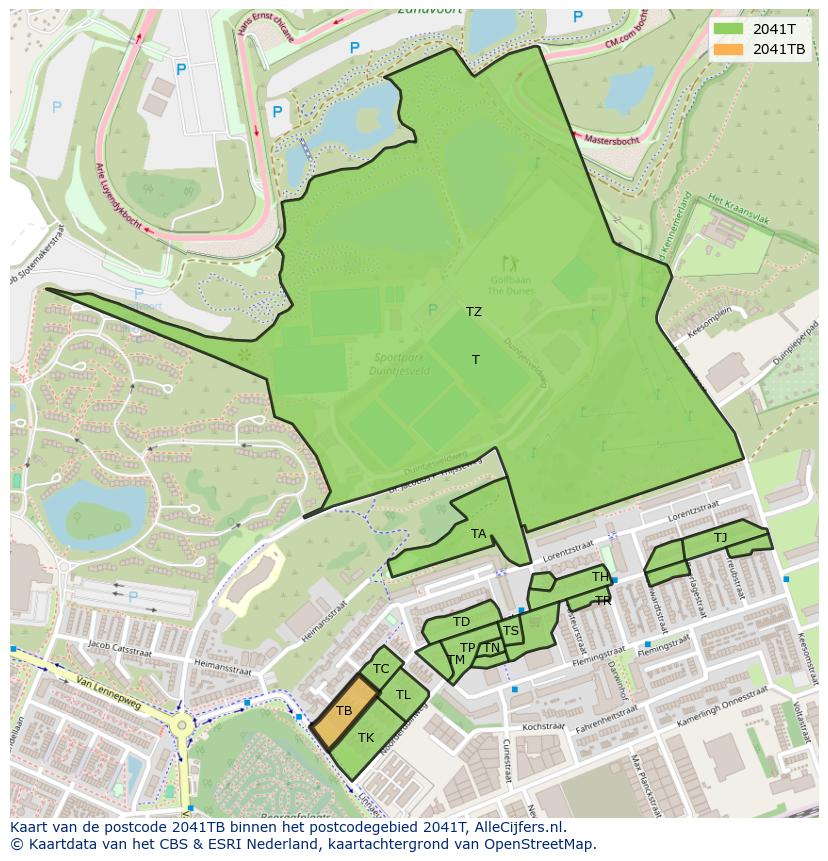 Afbeelding van het postcodegebied 2041 TB op de kaart.