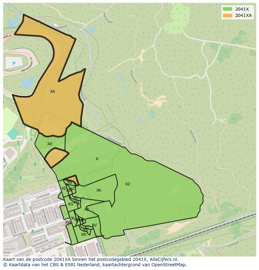 Afbeelding van het postcodegebied 2041 XA op de kaart.