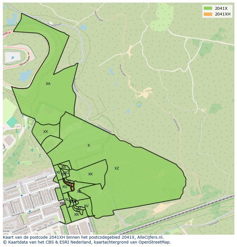 Afbeelding van het postcodegebied 2041 XH op de kaart.