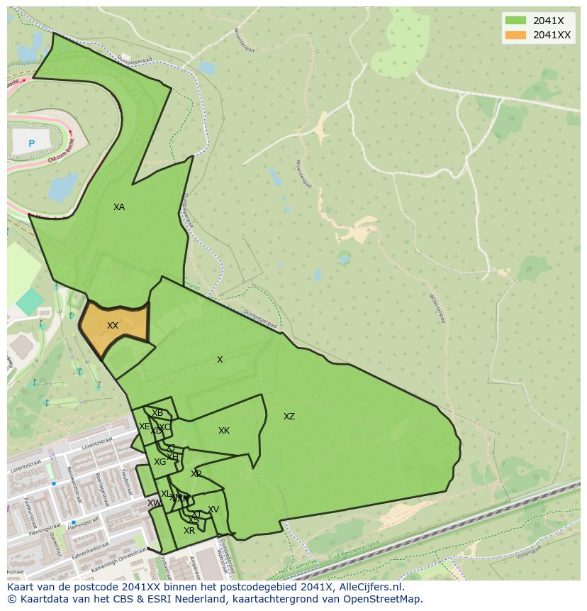 Afbeelding van het postcodegebied 2041 XX op de kaart.