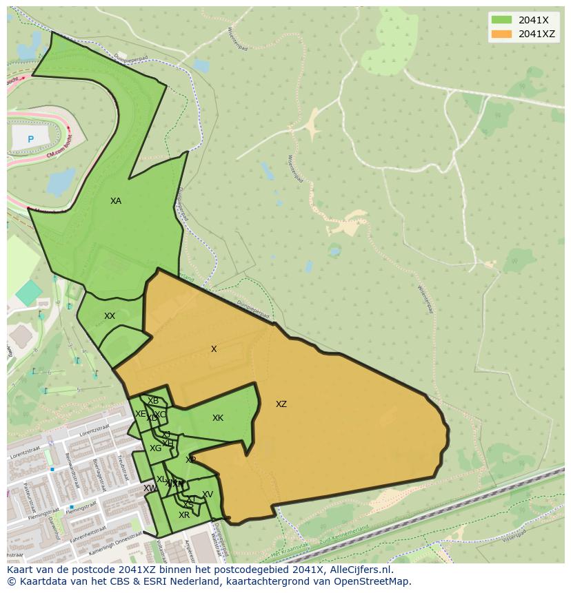 Afbeelding van het postcodegebied 2041 XZ op de kaart.