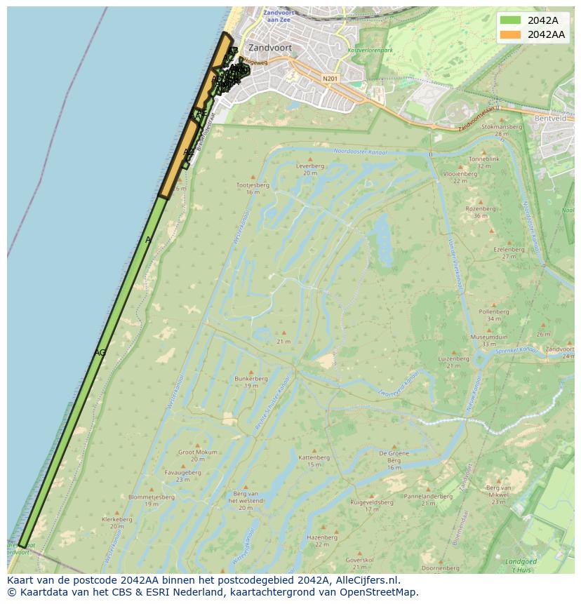 Afbeelding van het postcodegebied 2042 AA op de kaart.
