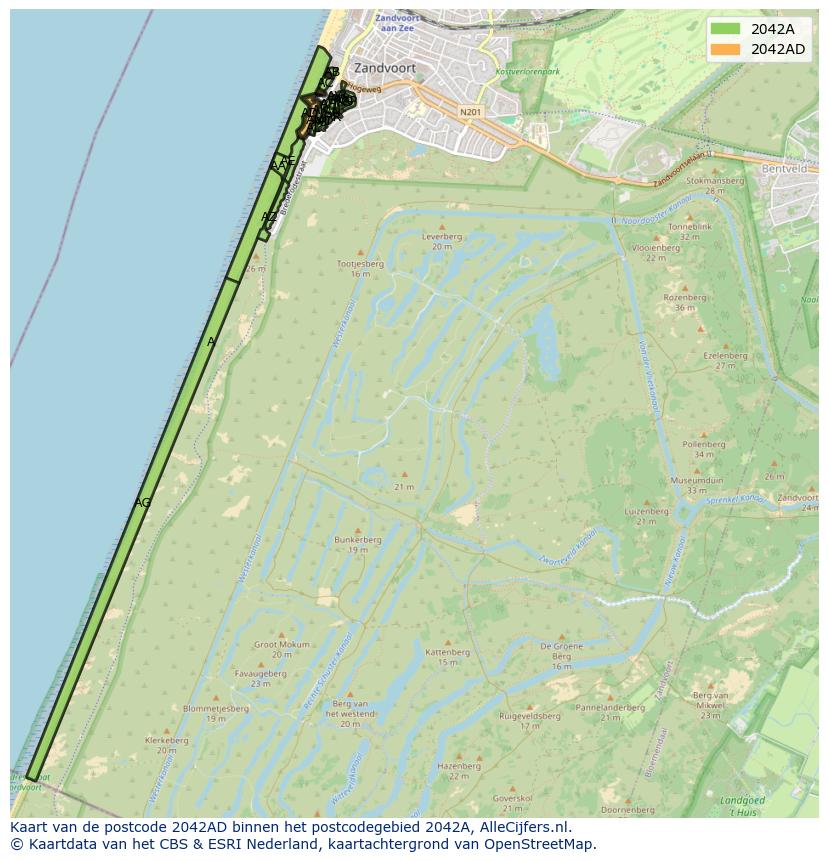 Afbeelding van het postcodegebied 2042 AD op de kaart.