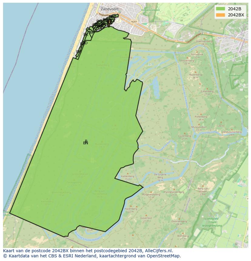Afbeelding van het postcodegebied 2042 BX op de kaart.