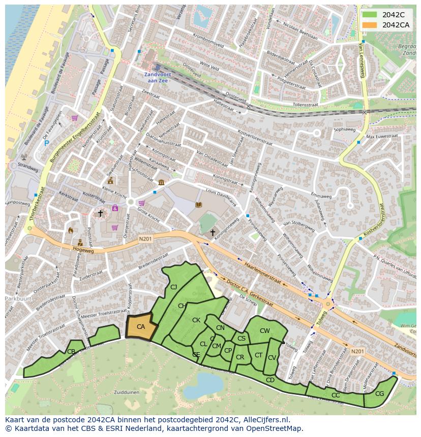 Afbeelding van het postcodegebied 2042 CA op de kaart.