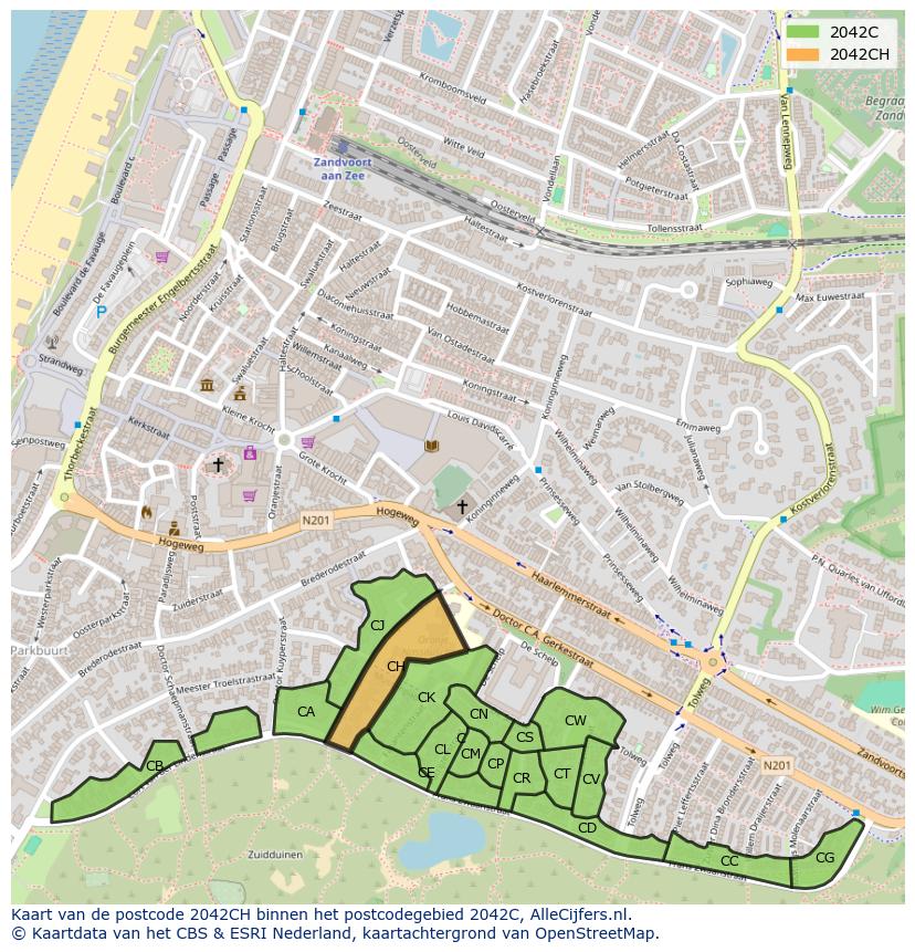Afbeelding van het postcodegebied 2042 CH op de kaart.