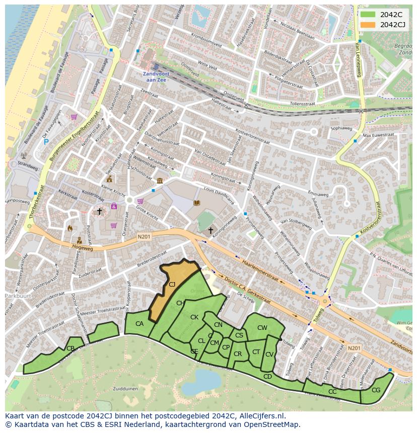 Afbeelding van het postcodegebied 2042 CJ op de kaart.