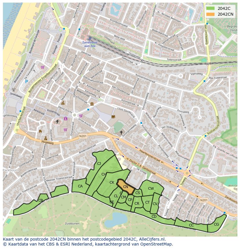 Afbeelding van het postcodegebied 2042 CN op de kaart.