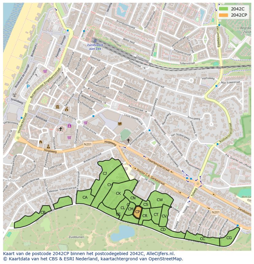 Afbeelding van het postcodegebied 2042 CP op de kaart.
