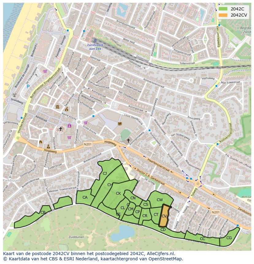 Afbeelding van het postcodegebied 2042 CV op de kaart.