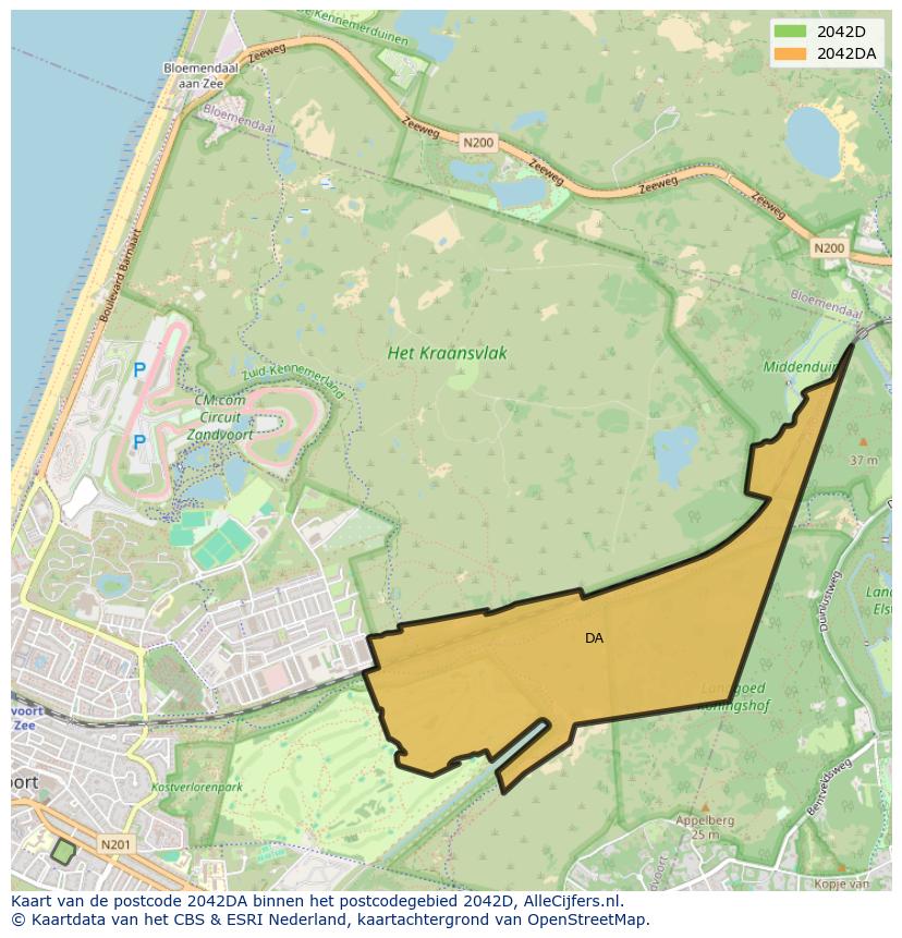 Afbeelding van het postcodegebied 2042 DA op de kaart.