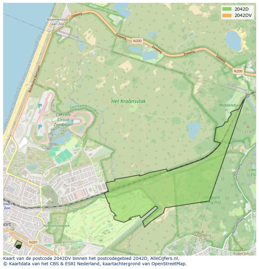 Afbeelding van het postcodegebied 2042 DV op de kaart.