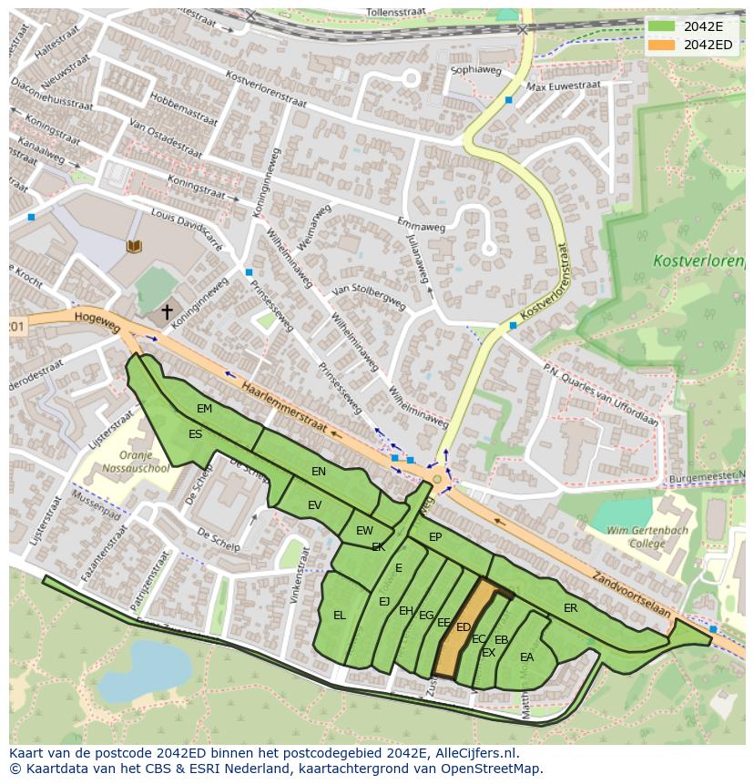 Afbeelding van het postcodegebied 2042 ED op de kaart.