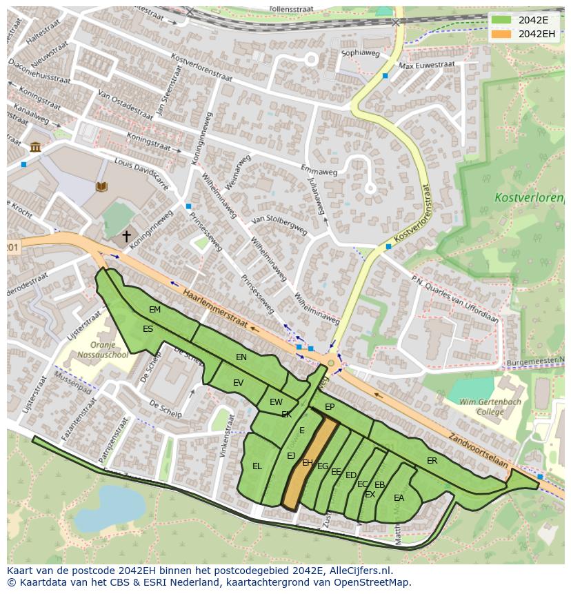 Afbeelding van het postcodegebied 2042 EH op de kaart.