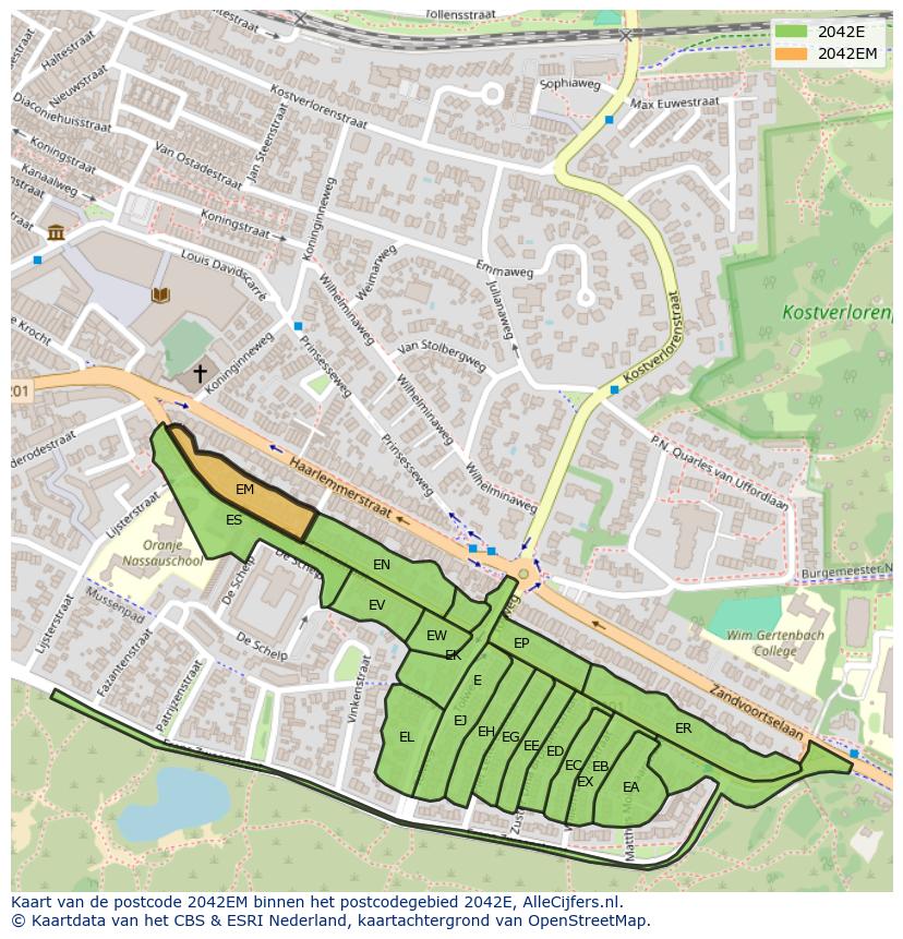 Afbeelding van het postcodegebied 2042 EM op de kaart.