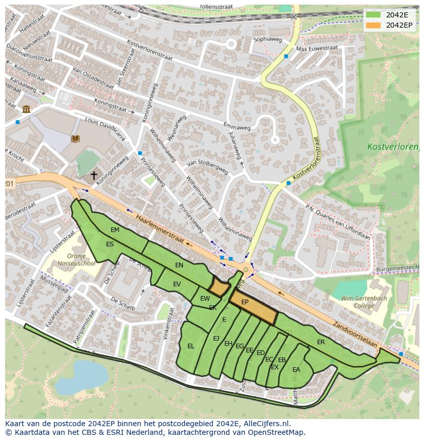 Afbeelding van het postcodegebied 2042 EP op de kaart.