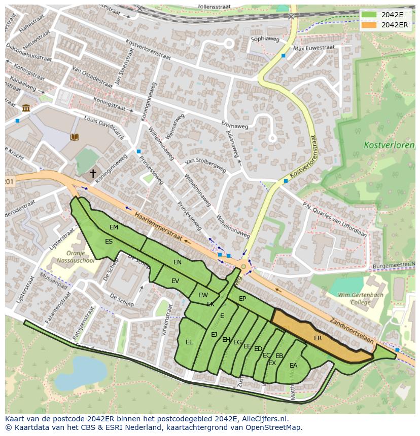 Afbeelding van het postcodegebied 2042 ER op de kaart.